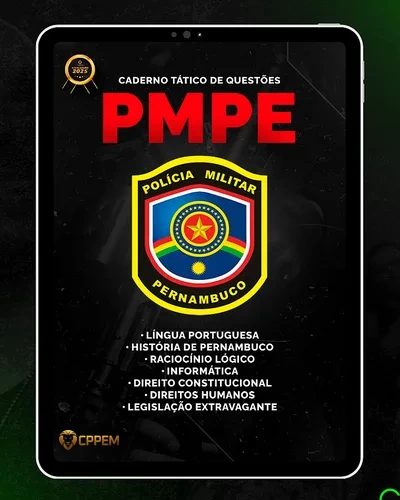 Capa do Caderno Tático de Questões PMPE em um tablet